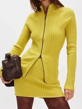 Free People Lemon Yellow Cable Knit Zip Skirt Set